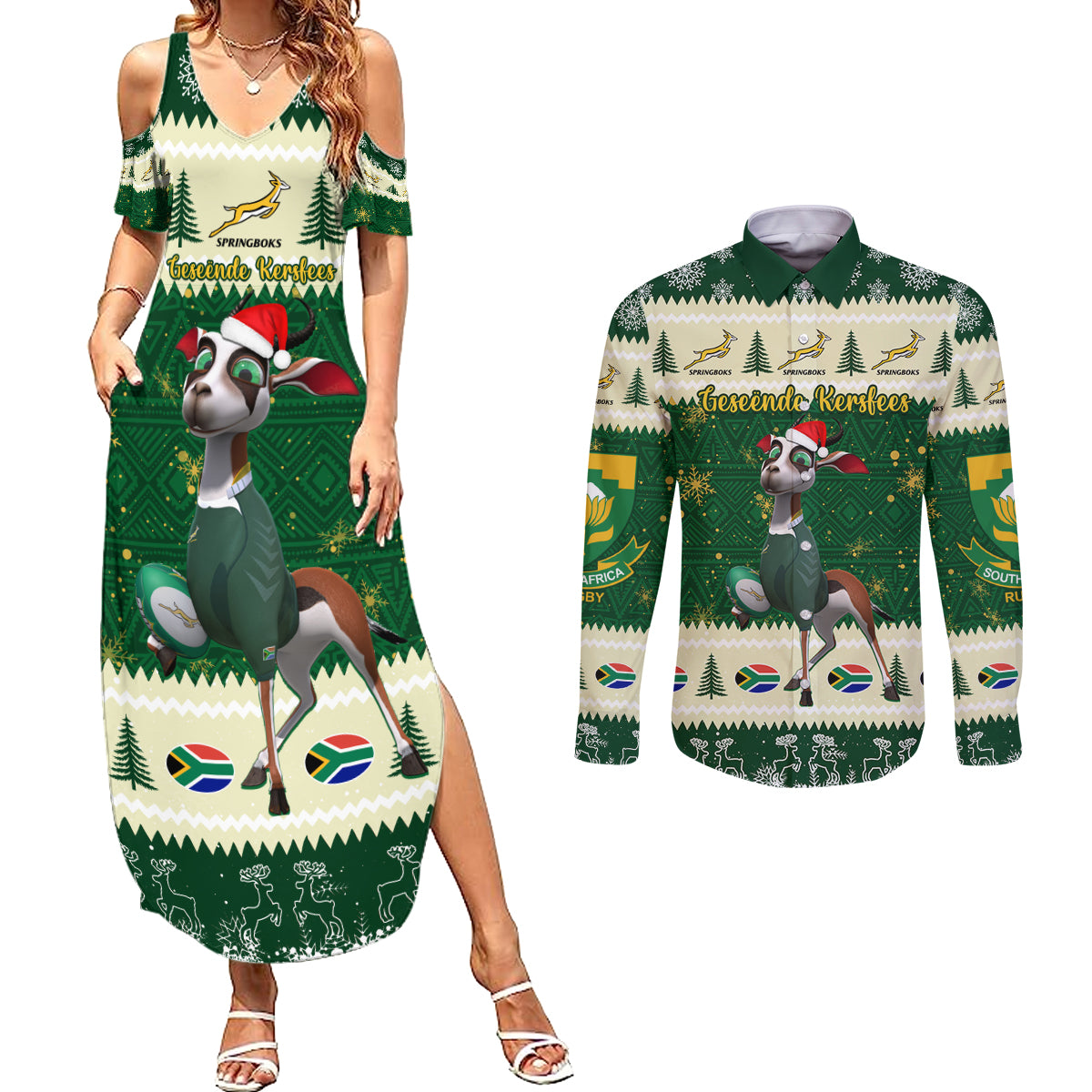 Custom South Africa Rugby Christmas Couples Matching Summer Maxi Dress and Long Sleeve Button Shirt Geseende Kersfees Springboks African Pattern - Wonder Print Shop