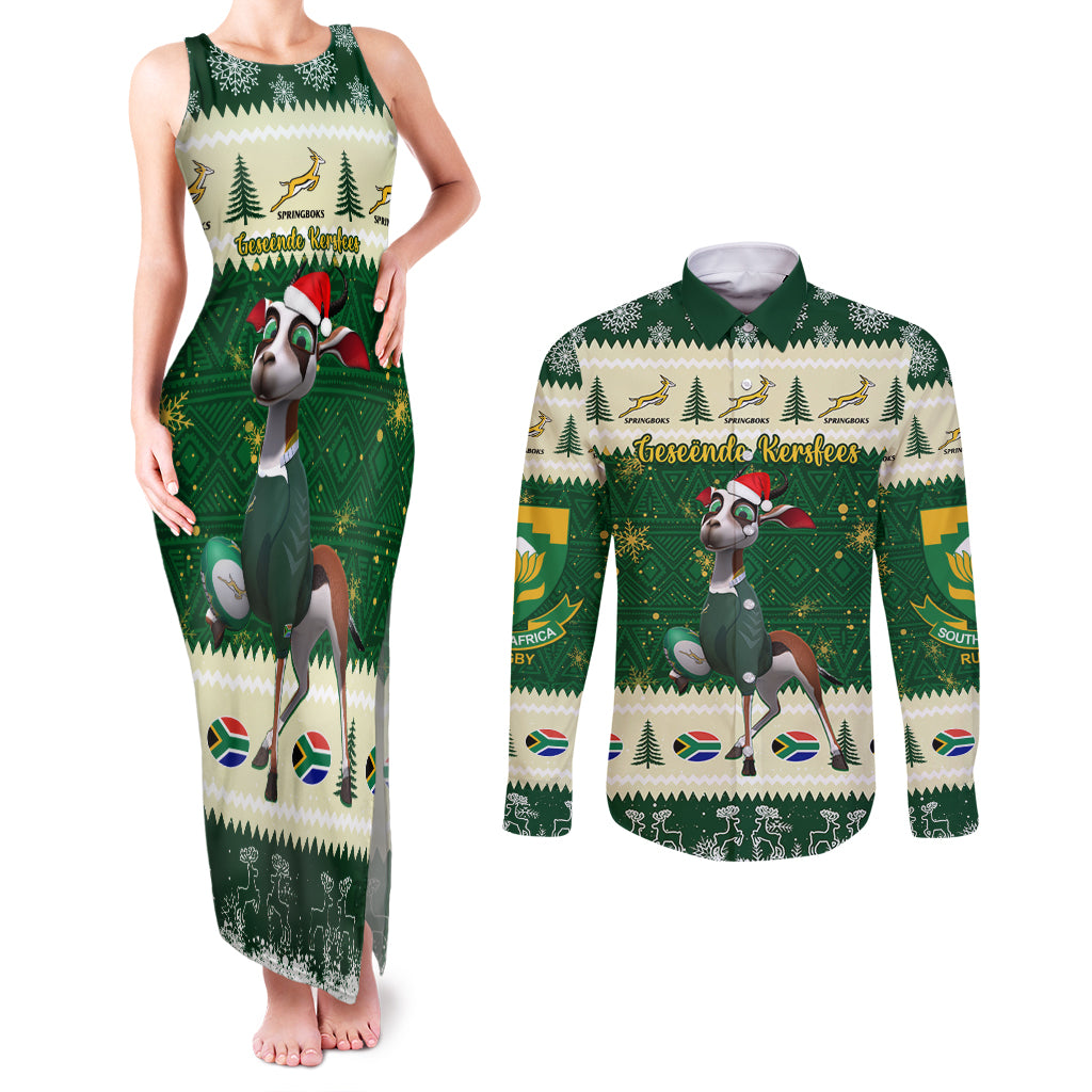 Custom South Africa Rugby Christmas Couples Matching Tank Maxi Dress and Long Sleeve Button Shirt Geseende Kersfees Springboks African Pattern - Wonder Print Shop