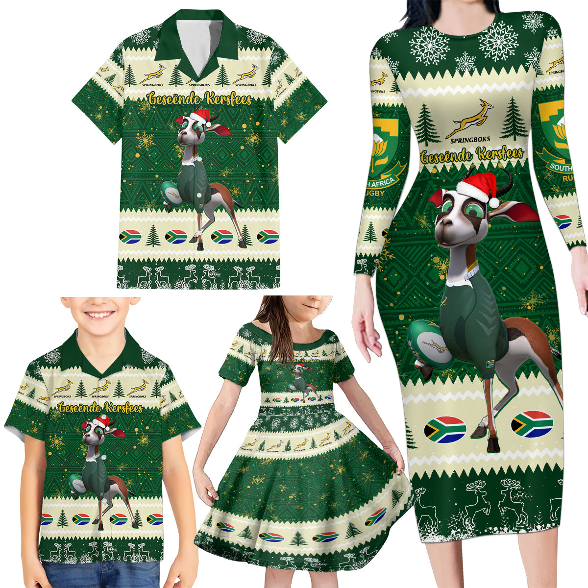 Custom South Africa Rugby Christmas Family Matching Long Sleeve Bodycon Dress and Hawaiian Shirt Geseende Kersfees Springboks African Pattern - Wonder Print Shop