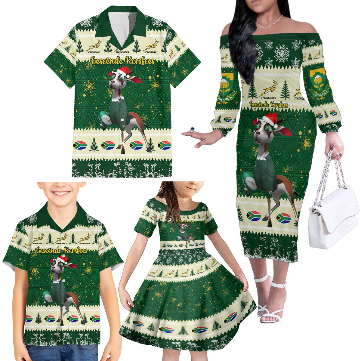 Custom South Africa Rugby Christmas Family Matching Off Shoulder Long Sleeve Dress and Hawaiian Shirt Geseende Kersfees Springboks African Pattern - Wonder Print Shop