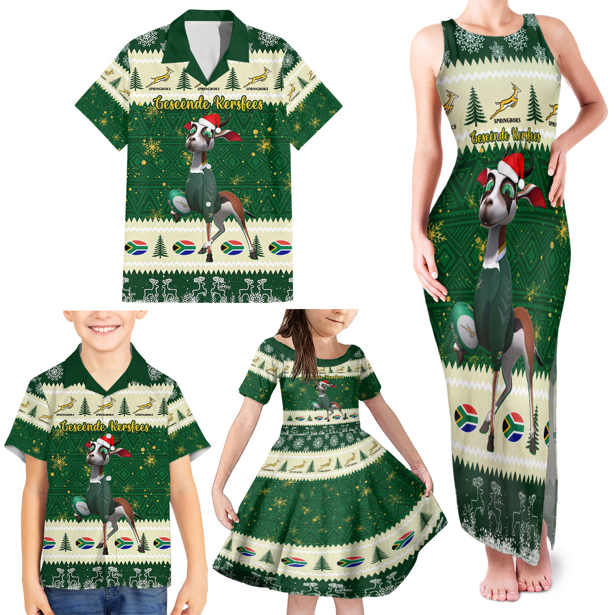 Custom South Africa Rugby Christmas Family Matching Tank Maxi Dress and Hawaiian Shirt Geseende Kersfees Springboks African Pattern - Wonder Print Shop