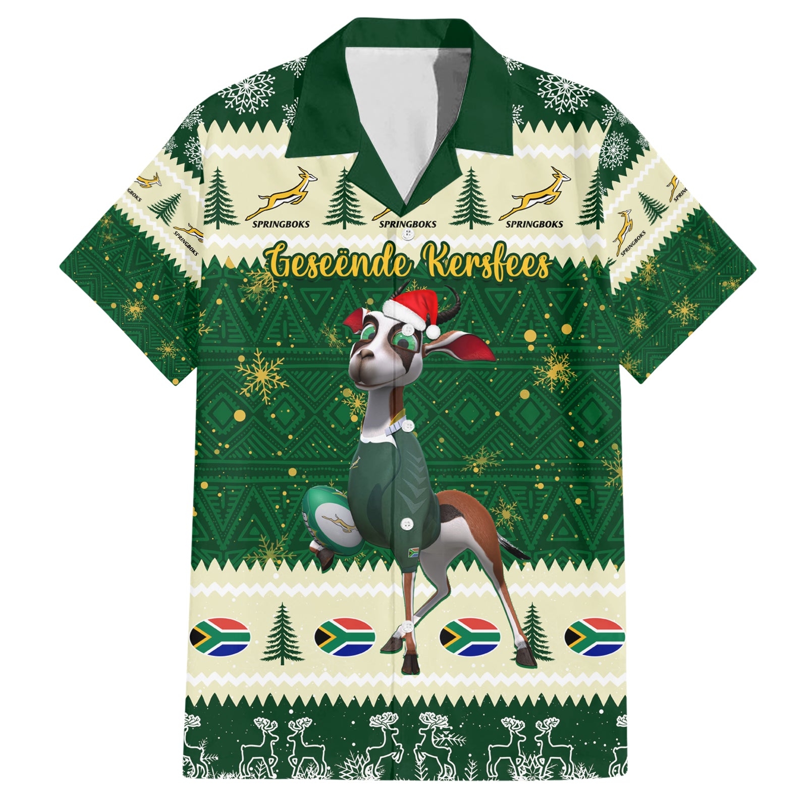 Custom South Africa Rugby Christmas Hawaiian Shirt Geseende Kersfees Springboks African Pattern - Wonder Print Shop