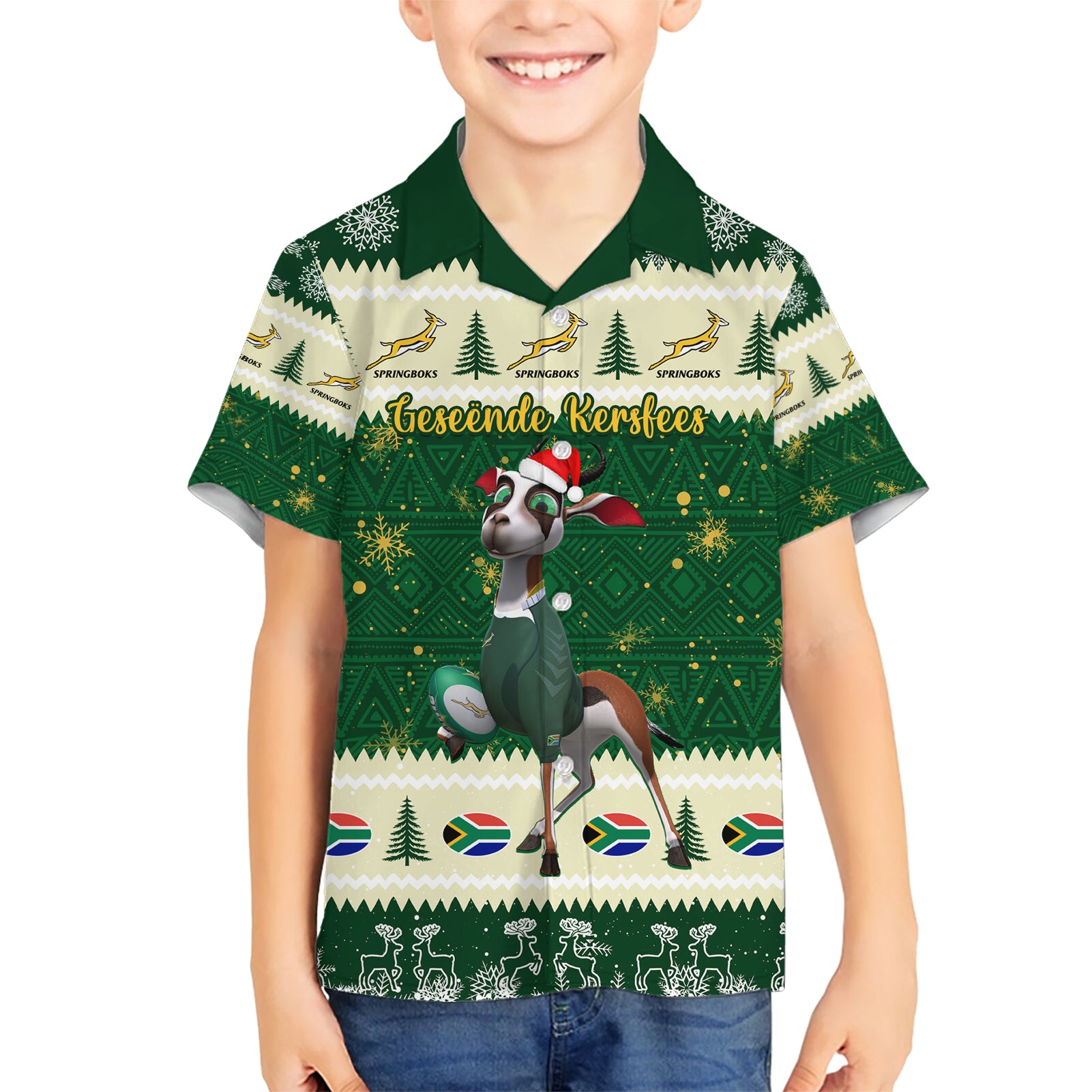 Custom South Africa Rugby Christmas Kid Hawaiian Shirt Geseende Kersfees Springboks African Pattern - Wonder Print Shop