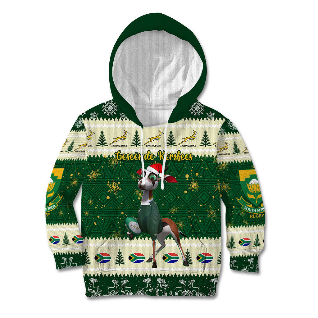 Custom South Africa Rugby Christmas Kid Hoodie Geseende Kersfees Springboks African Pattern - Wonder Print Shop