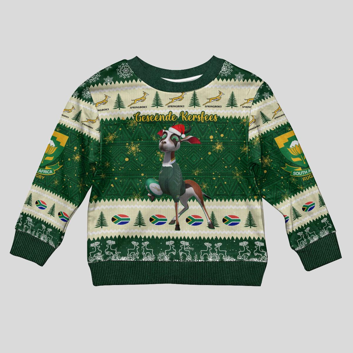 Custom South Africa Rugby Christmas Kid Ugly Christmas Sweater Geseende Kersfees Springboks African Pattern - Wonder Print Shop