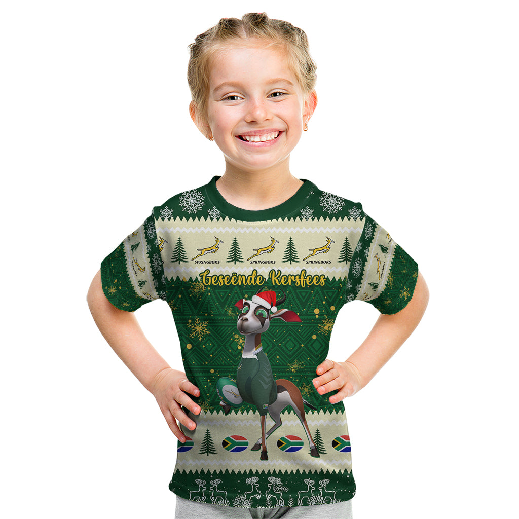 Custom South Africa Rugby Christmas Kid T Shirt Geseende Kersfees Springboks African Pattern - Wonder Print Shop