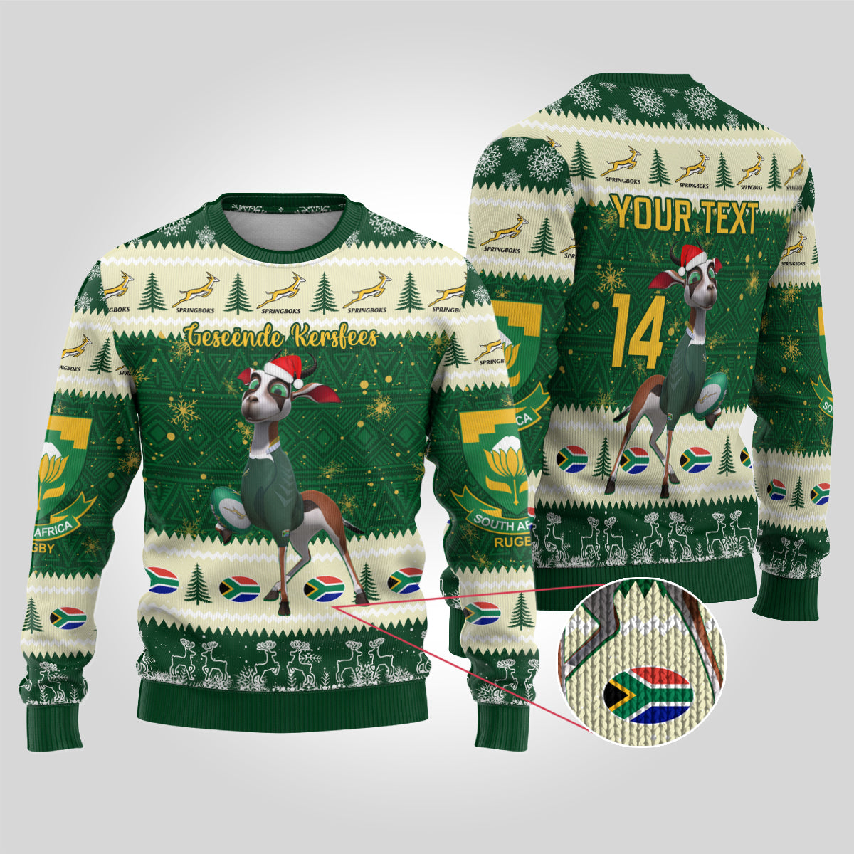 Custom South Africa Rugby Christmas Ugly Christmas Sweater Geseende Kersfees Springboks African Pattern - Wonder Print Shop