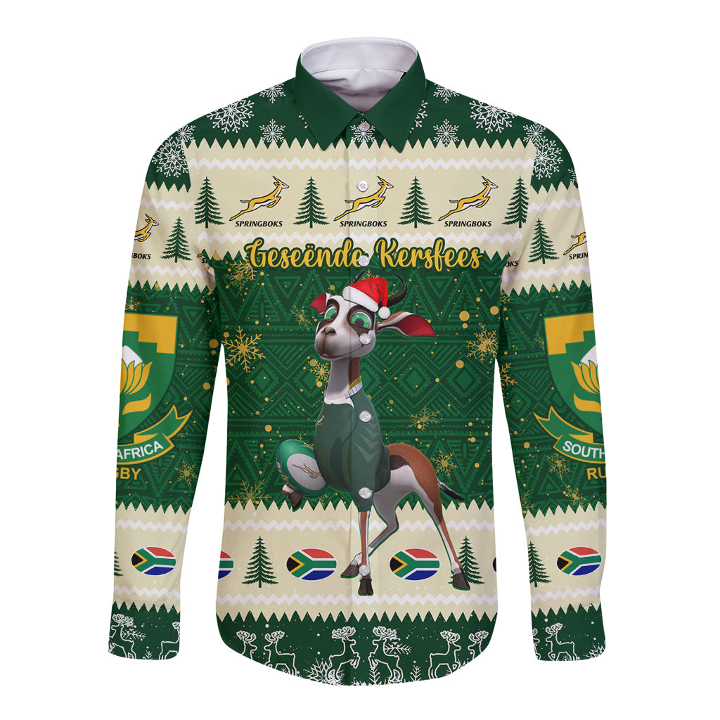 Custom South Africa Rugby Christmas Long Sleeve Button Shirt Geseende Kersfees Springboks African Pattern - Wonder Print Shop