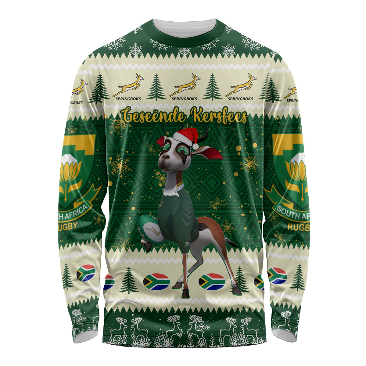 Custom South Africa Rugby Christmas Long Sleeve Shirt Geseende Kersfees Springboks African Pattern - Wonder Print Shop