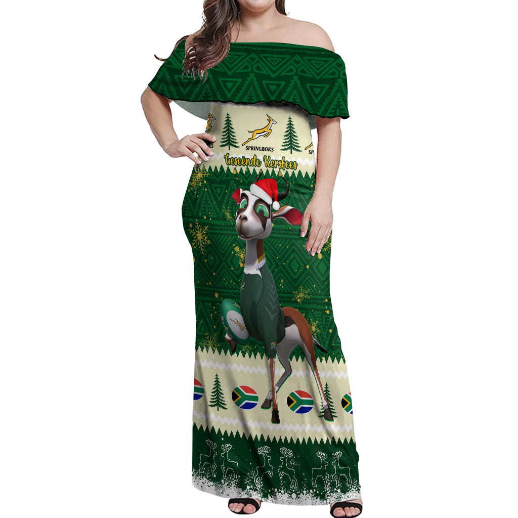 Custom South Africa Rugby Christmas Off Shoulder Maxi Dress Geseende Kersfees Springboks African Pattern - Wonder Print Shop