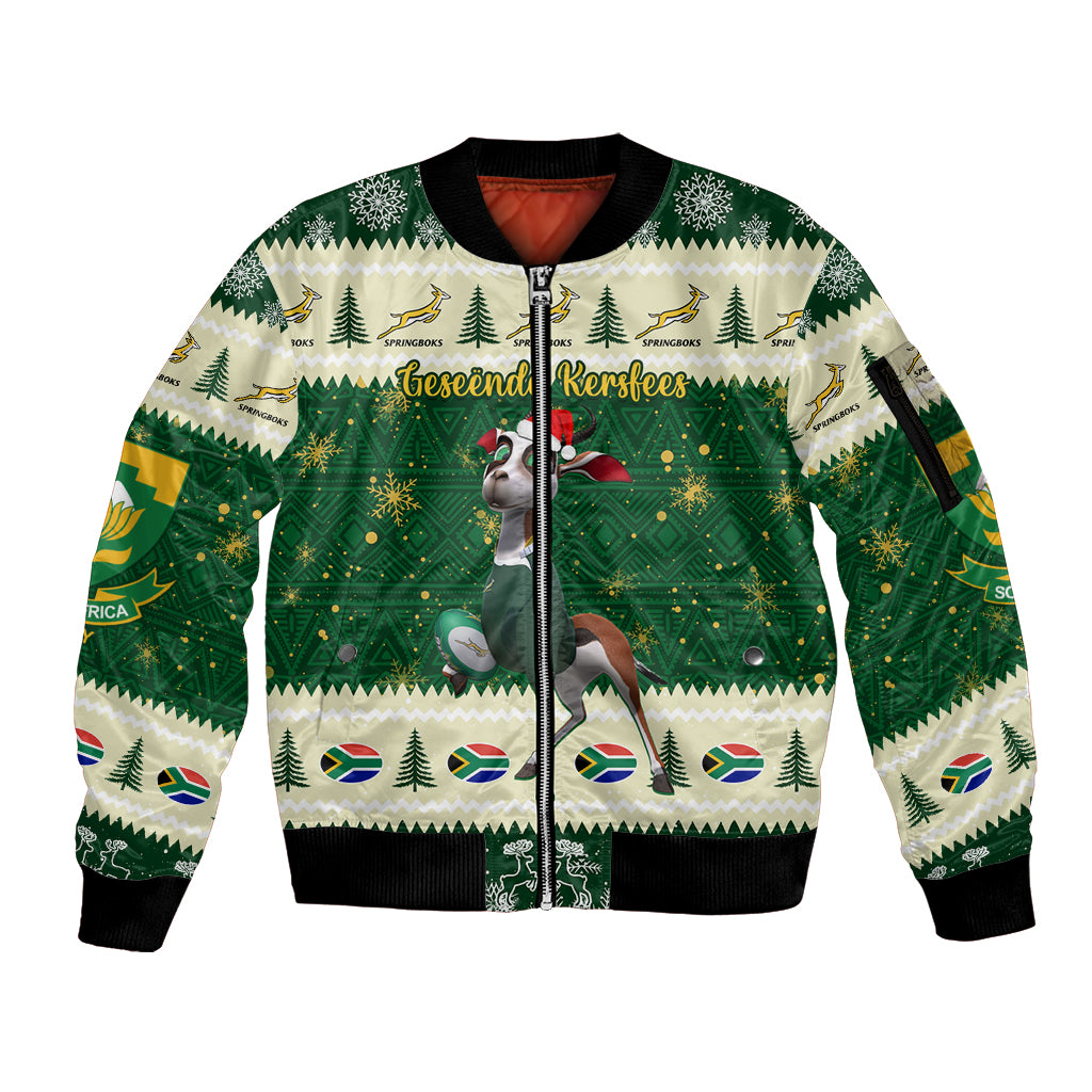 Custom South Africa Rugby Christmas Sleeve Zip Bomber Jacket Geseende Kersfees Springboks African Pattern - Wonder Print Shop