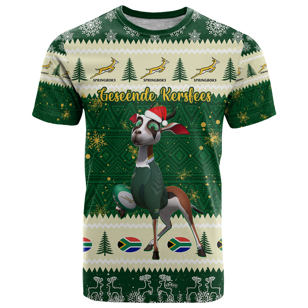 Custom South Africa Rugby Christmas T Shirt Geseende Kersfees Springboks African Pattern - Wonder Print Shop