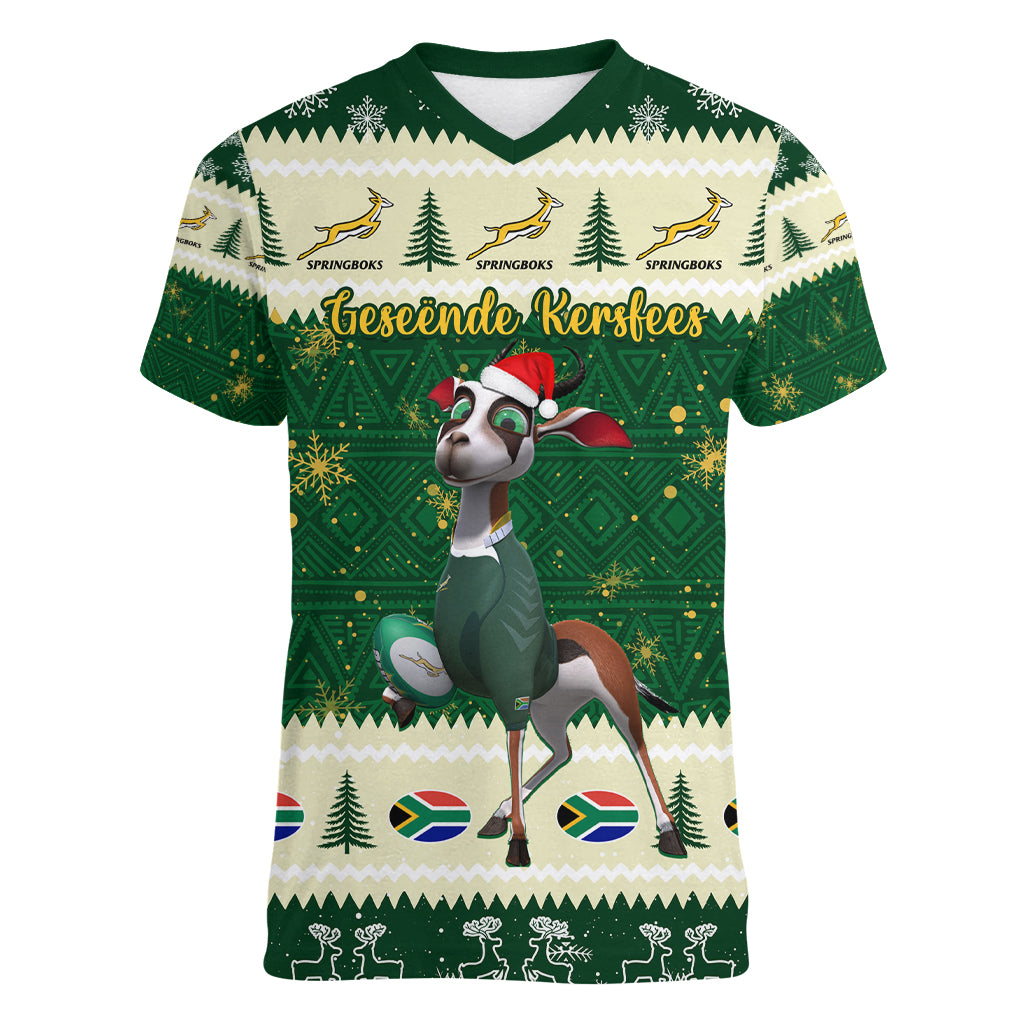 Custom South Africa Rugby Christmas Women V Neck T Shirt Geseende Kersfees Springboks African Pattern - Wonder Print Shop