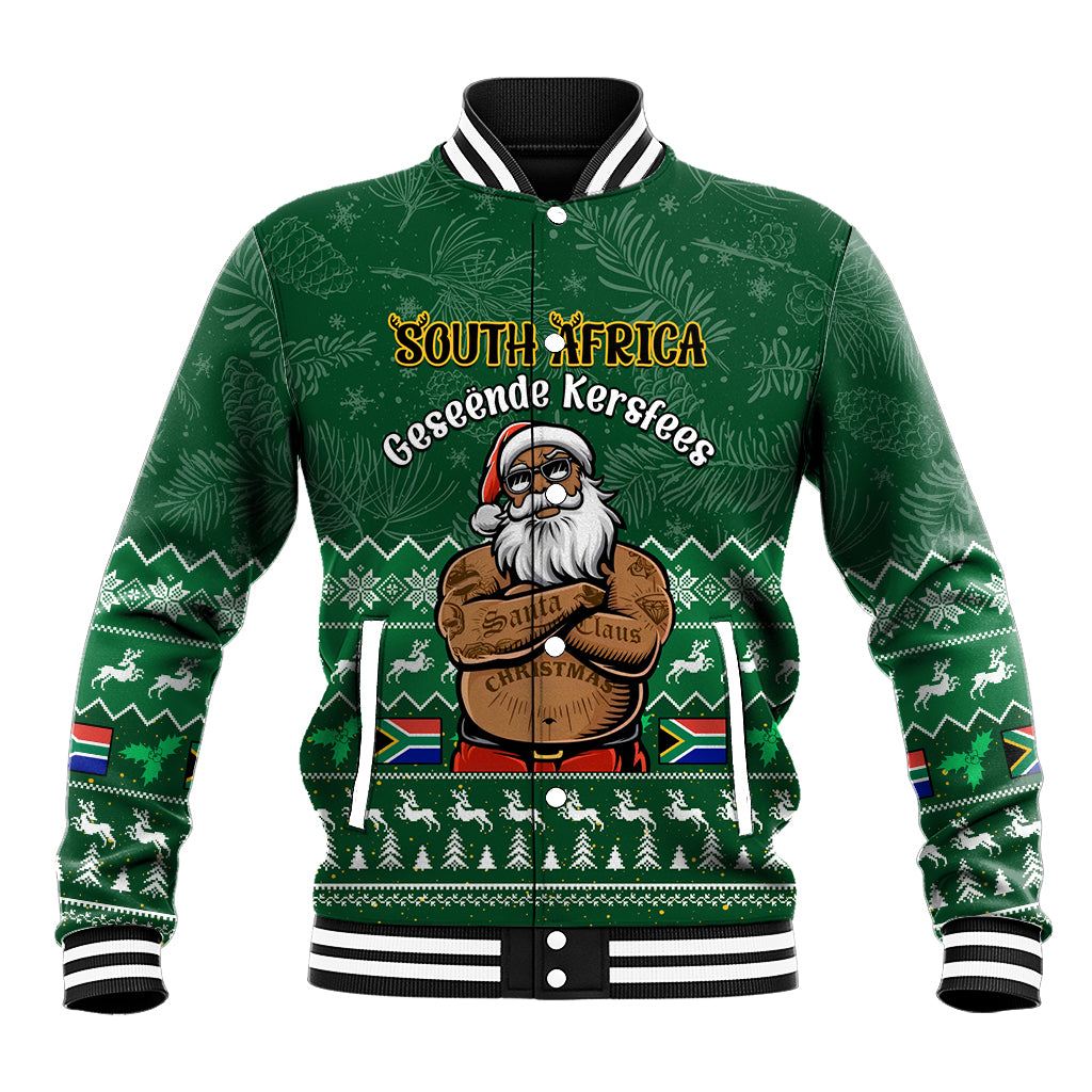 Green Christmas baseball jacket with Santa and South Africa map graphic