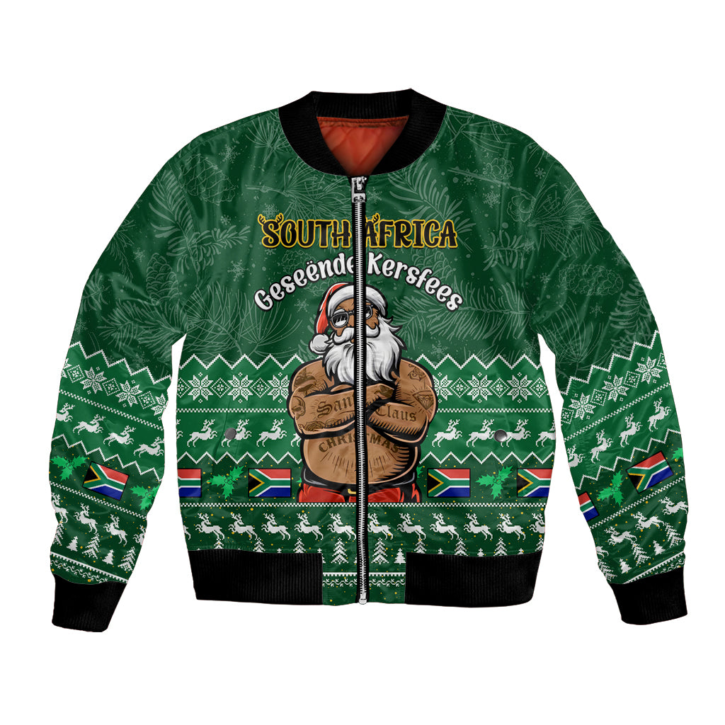 Green bomber jacket with zip front, Santa and South Africa map graphic, festive pattern