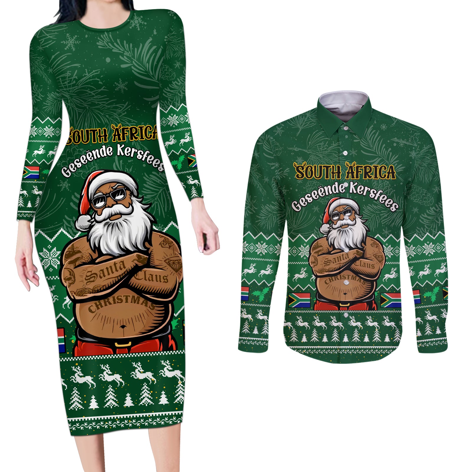 Personalised South Africa Christmas Couples Matching Long Sleeve Bodycon Dress and Long Sleeve Button Shirt Cool Santa Claus With South African Map - Wonder Print Shop