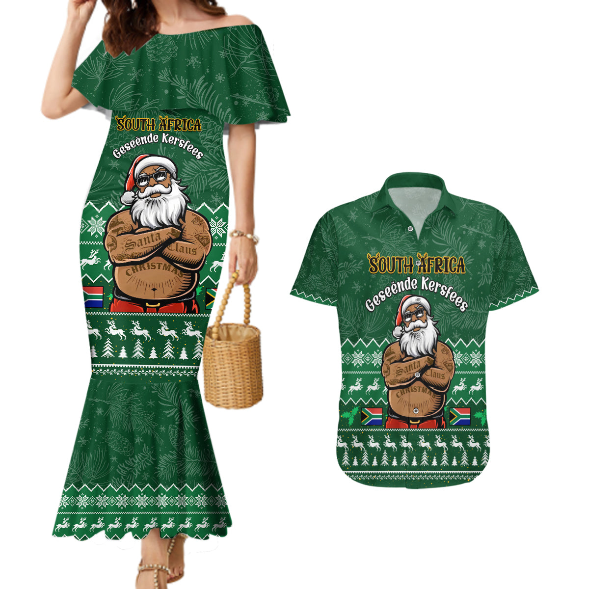 Personalised South Africa Christmas Couples Matching Mermaid Dress and Hawaiian Shirt Cool Santa Claus With South African Map - Wonder Print Shop