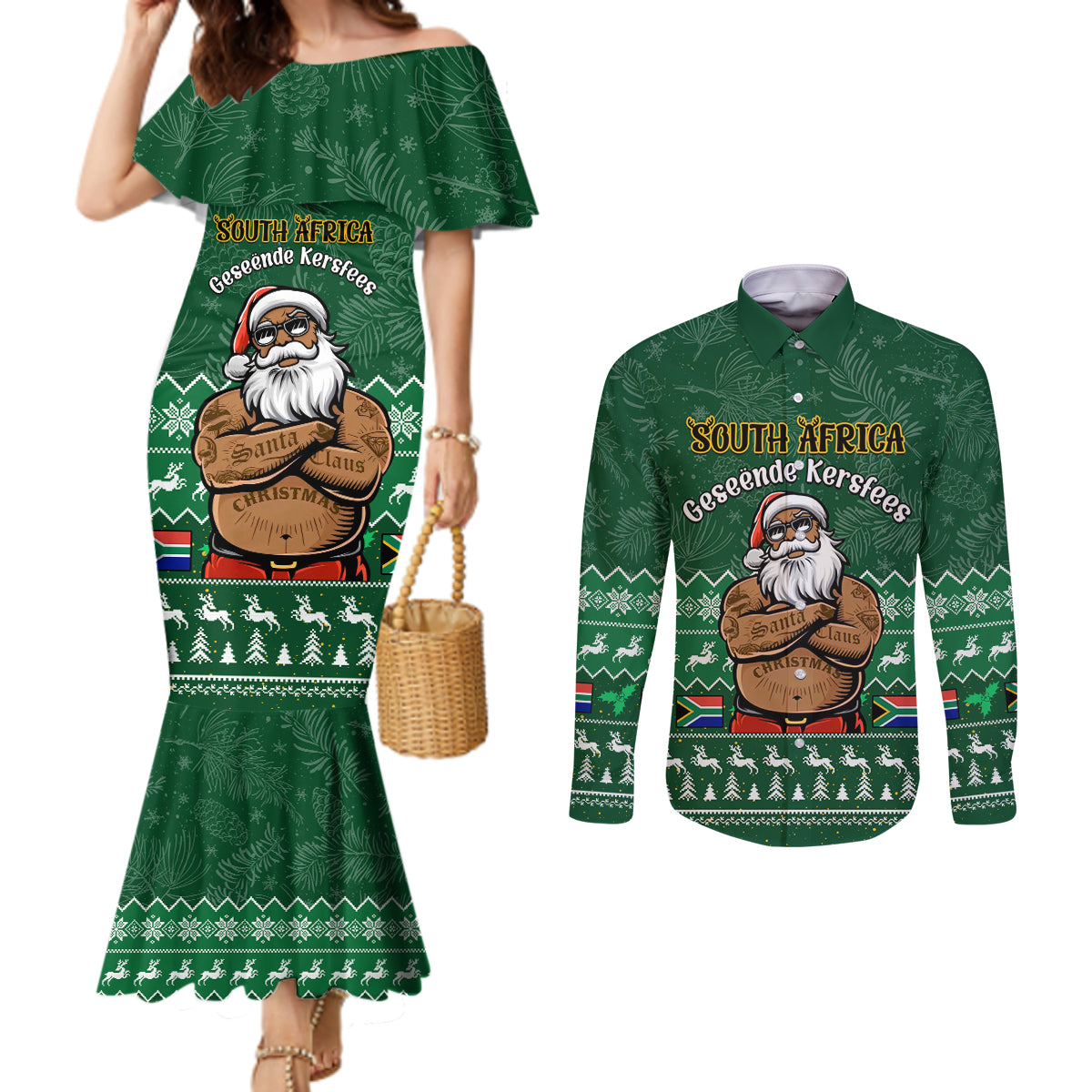 personalised-south-africa-christmas-couples-matching-mermaid-dress-and-long-sleeve-button-shirt-cool-santa-claus-with-south-african-map