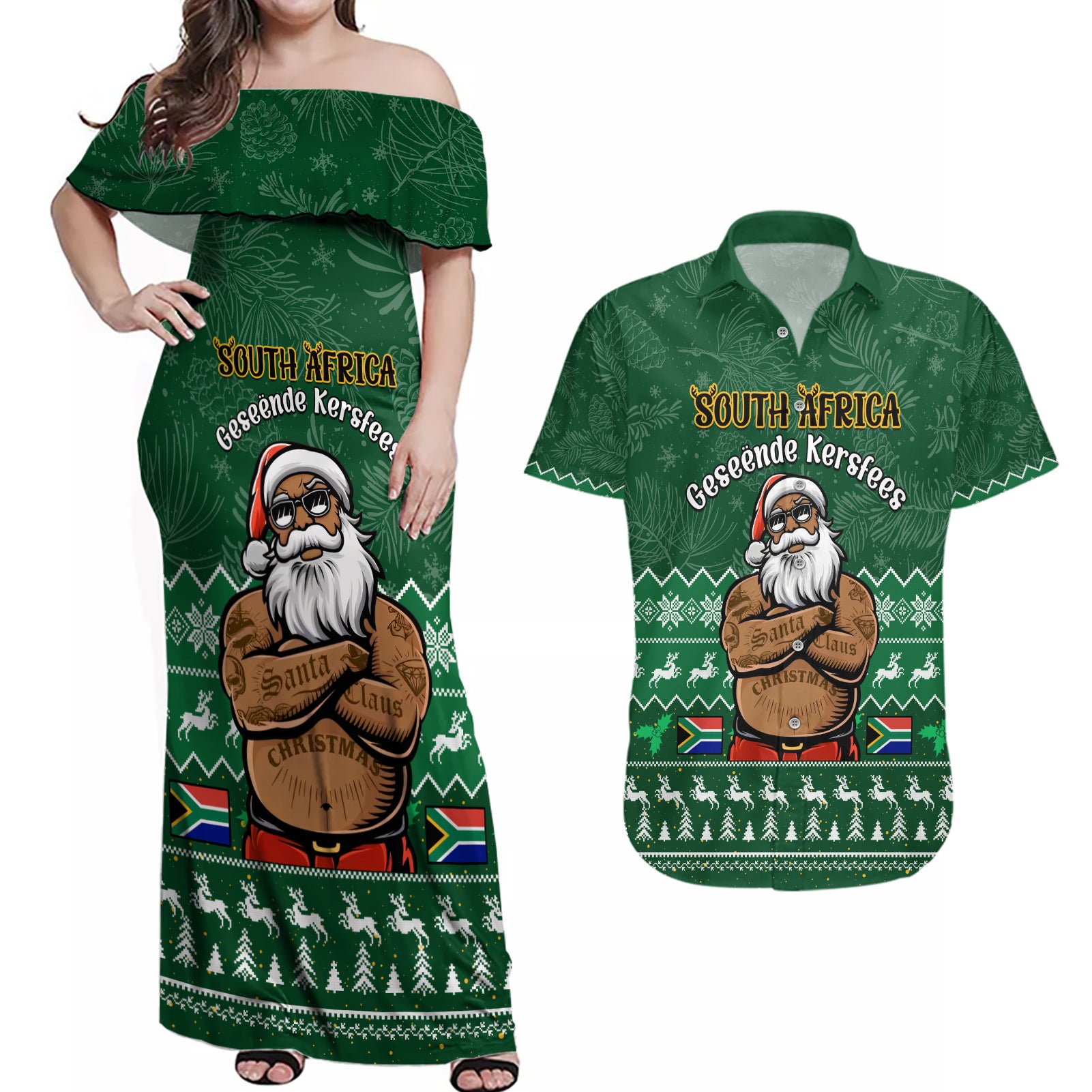 Personalised South Africa Christmas Couples Matching Off Shoulder Maxi Dress and Hawaiian Shirt Cool Santa Claus With South African Map - Wonder Print Shop