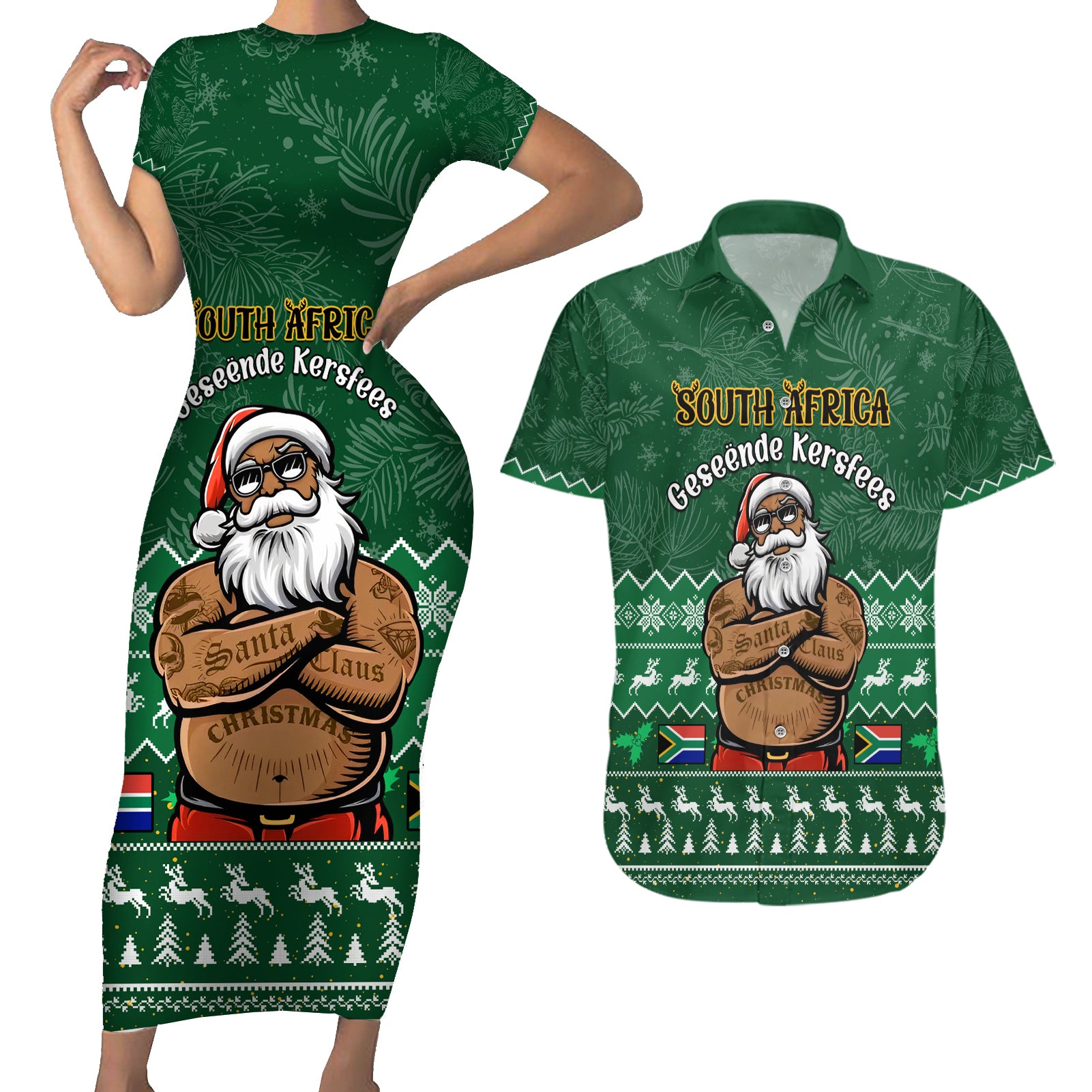 Personalised South Africa Christmas Couples Matching Short Sleeve Bodycon Dress and Hawaiian Shirt Cool Santa Claus With South African Map - Wonder Print Shop