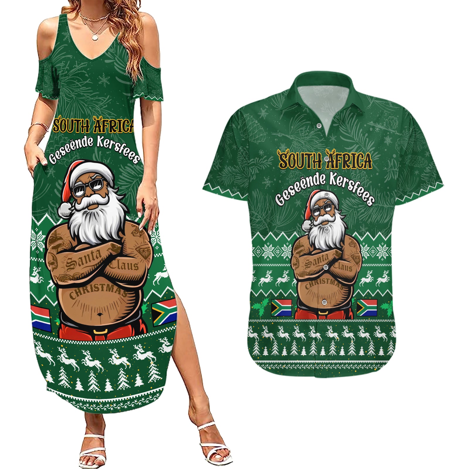 Personalised South Africa Christmas Couples Matching Summer Maxi Dress and Hawaiian Shirt Cool Santa Claus With South African Map - Wonder Print Shop