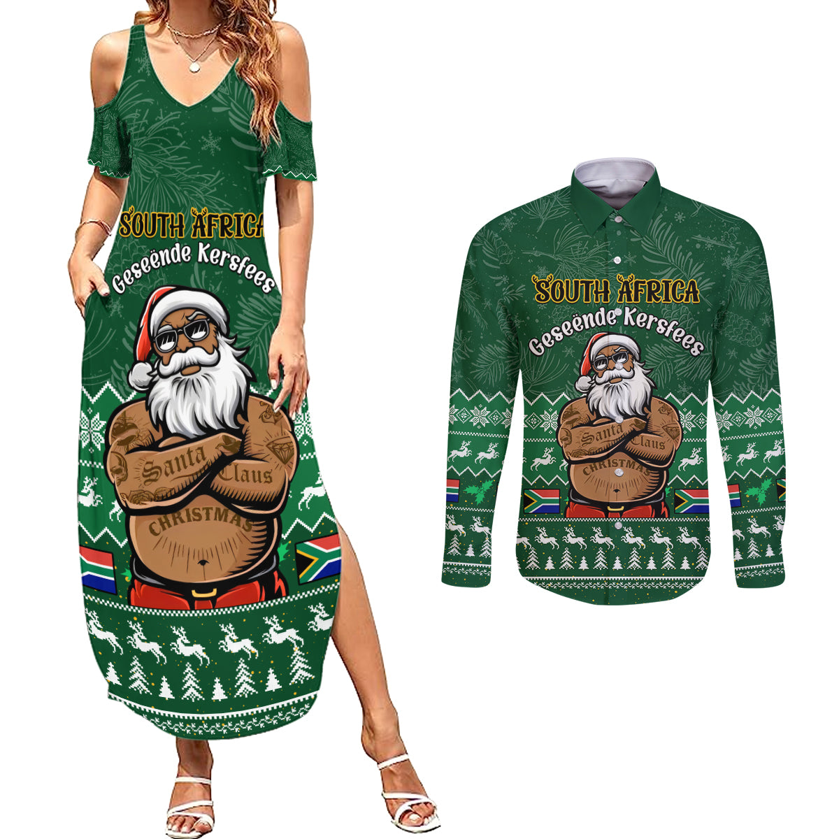 Personalised South Africa Christmas Couples Matching Summer Maxi Dress and Long Sleeve Button Shirt Cool Santa Claus With South African Map - Wonder Print Shop