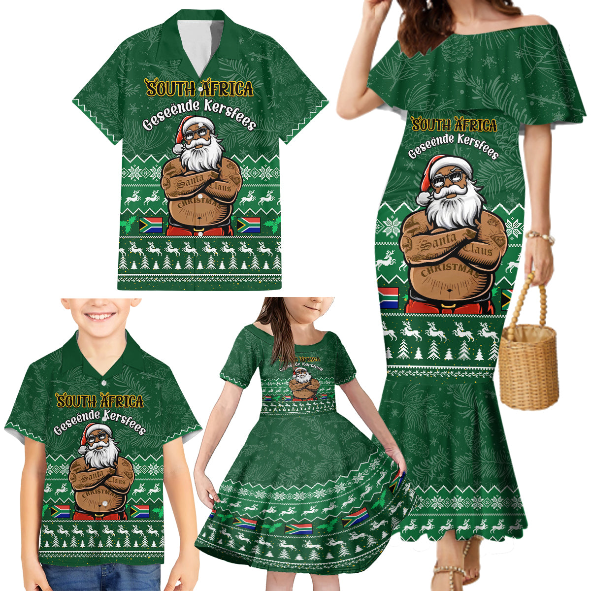 Personalised South Africa Christmas Family Matching Mermaid Dress and Hawaiian Shirt Cool Santa Claus With South African Map - Wonder Print Shop