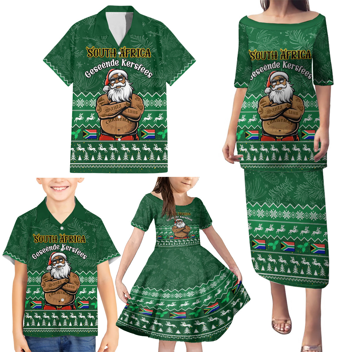 Personalised South Africa Christmas Family Matching Puletasi Dress and Hawaiian Shirt Cool Santa Claus With South African Map - Wonder Print Shop