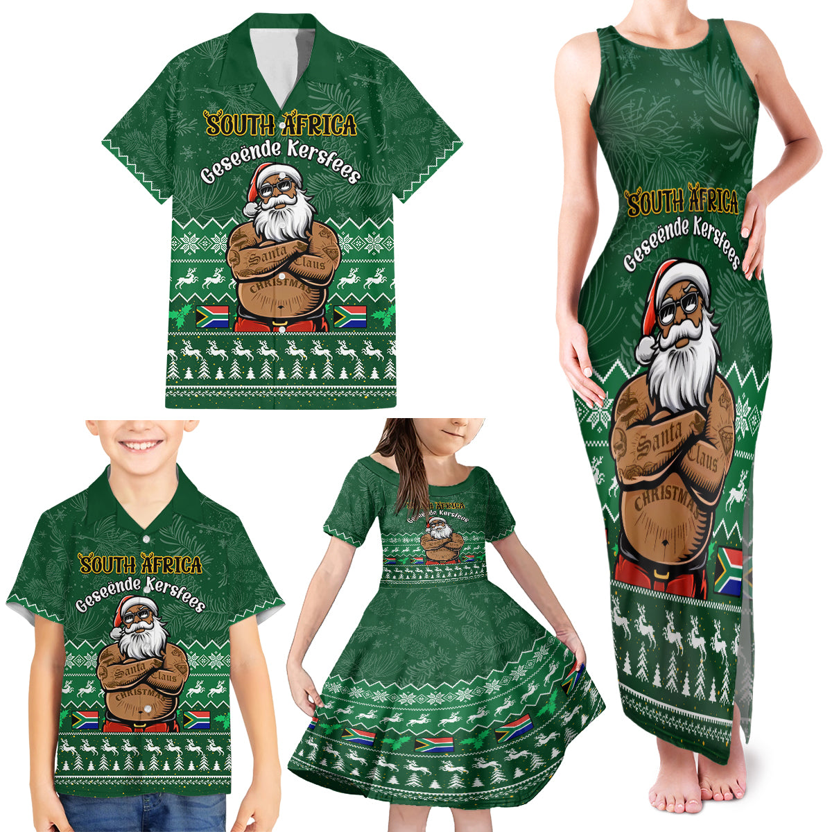 Personalised South Africa Christmas Family Matching Tank Maxi Dress and Hawaiian Shirt Cool Santa Claus With South African Map - Wonder Print Shop