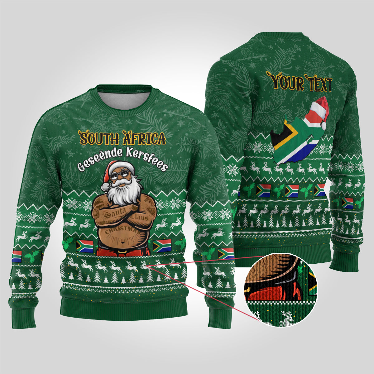 Personalised South Africa Christmas Ugly Christmas Sweater Cool Santa Claus With South African Map - Wonder Print Shop