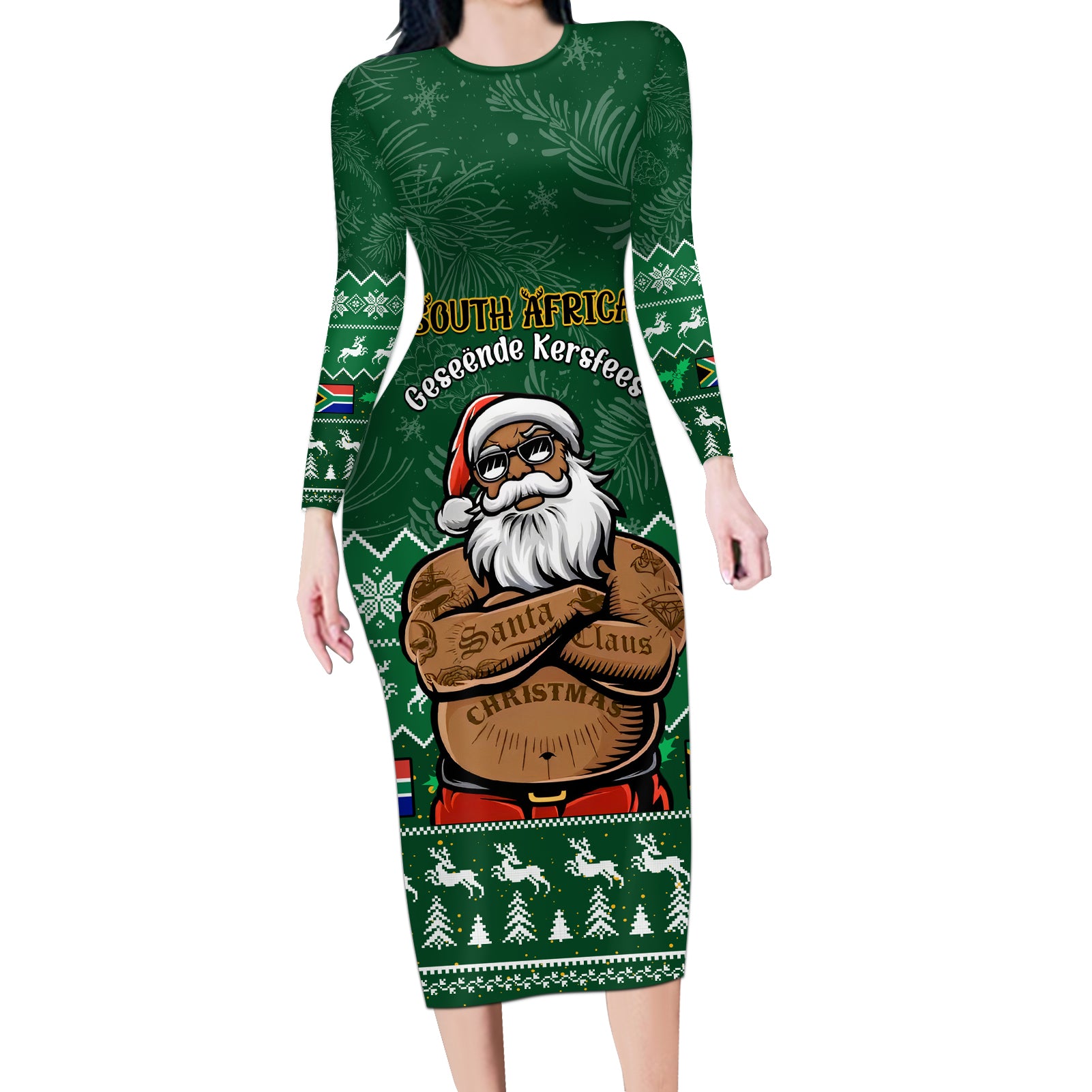 Personalised South Africa Christmas Long Sleeve Bodycon Dress Cool Santa Claus With South African Map - Wonder Print Shop