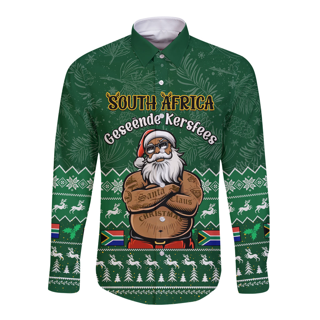 Green long-sleeve button shirt with Santa and South Africa graphic