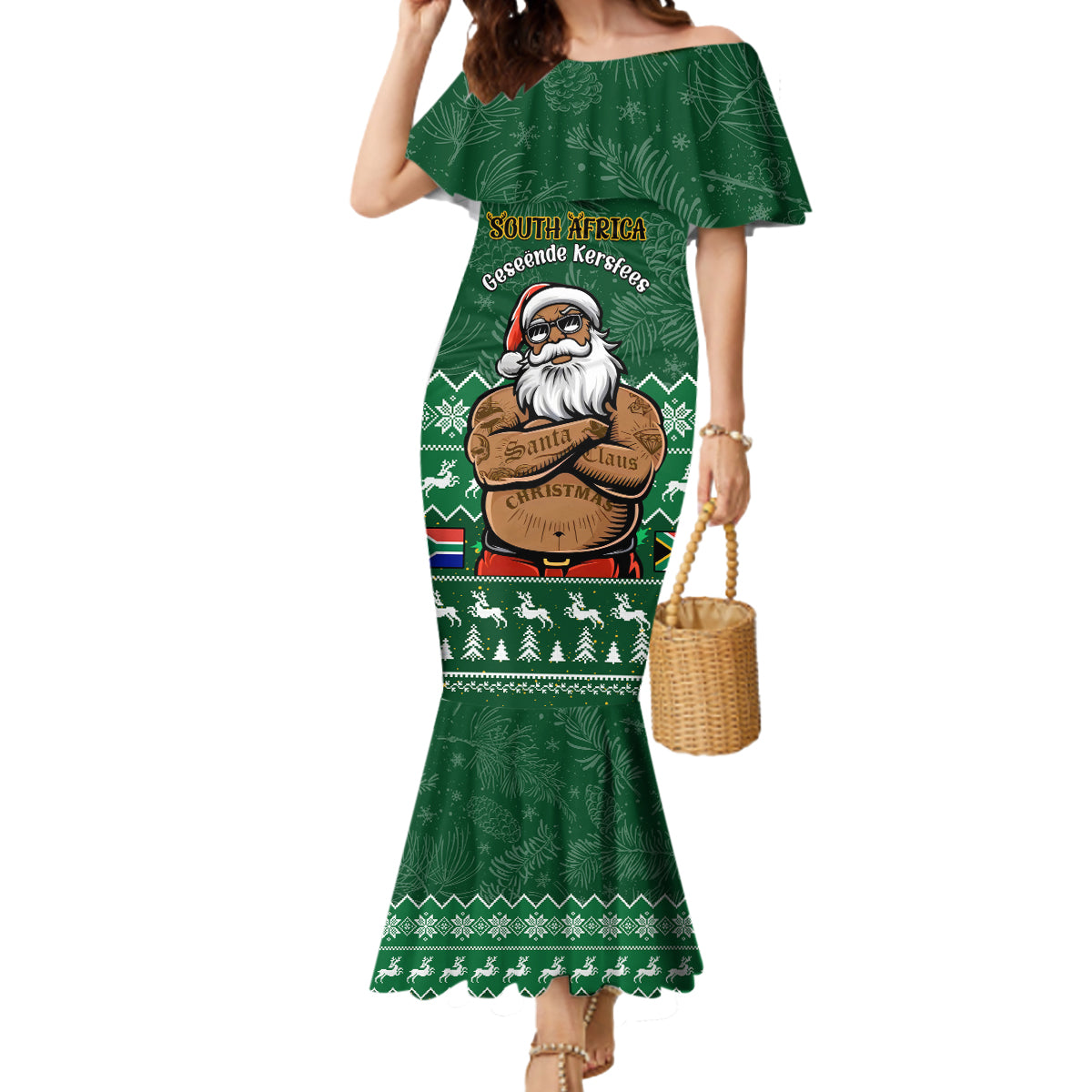 Personalised South Africa Christmas Mermaid Dress Cool Santa Claus With South African Map - Wonder Print Shop