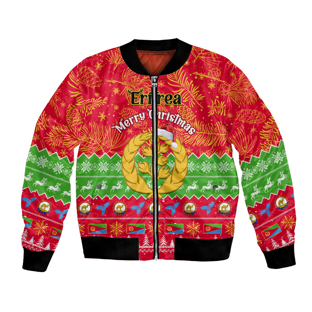 Red Christmas bomber jacket with Merry Christmas text, emblem, and black ribbed cuffs