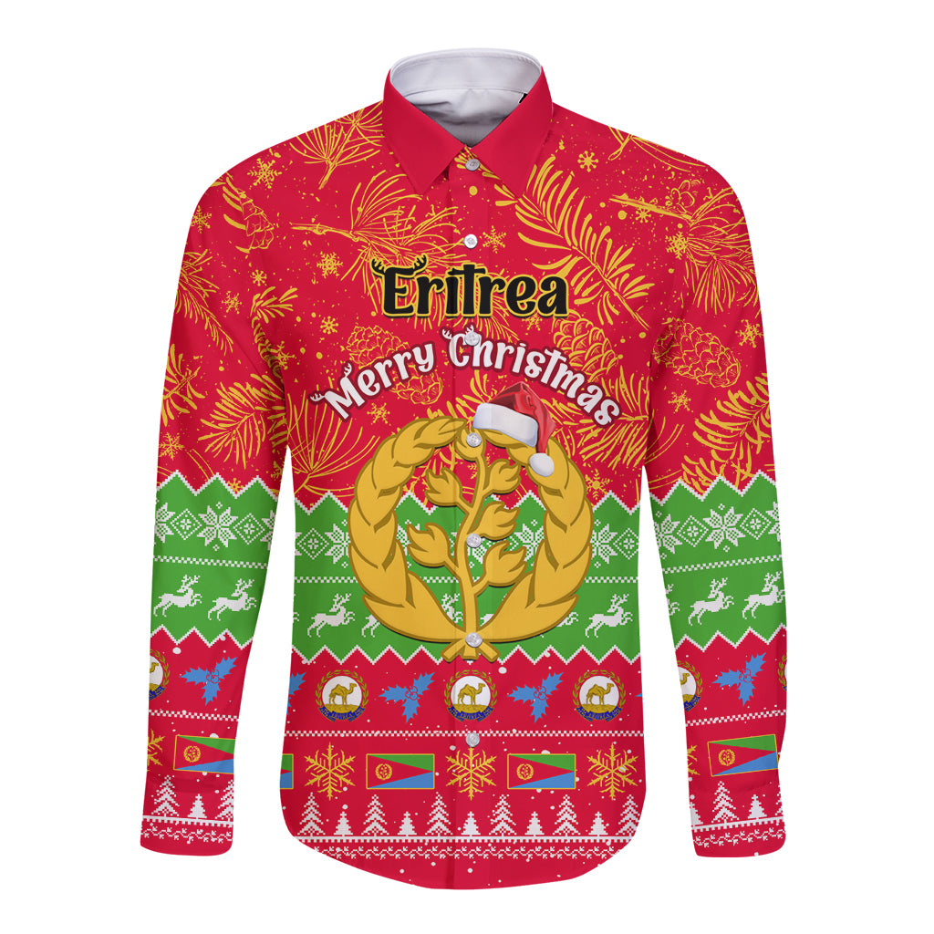 Red long-sleeve button-up shirt with Eritrea-style festive front graphic and tree emblem