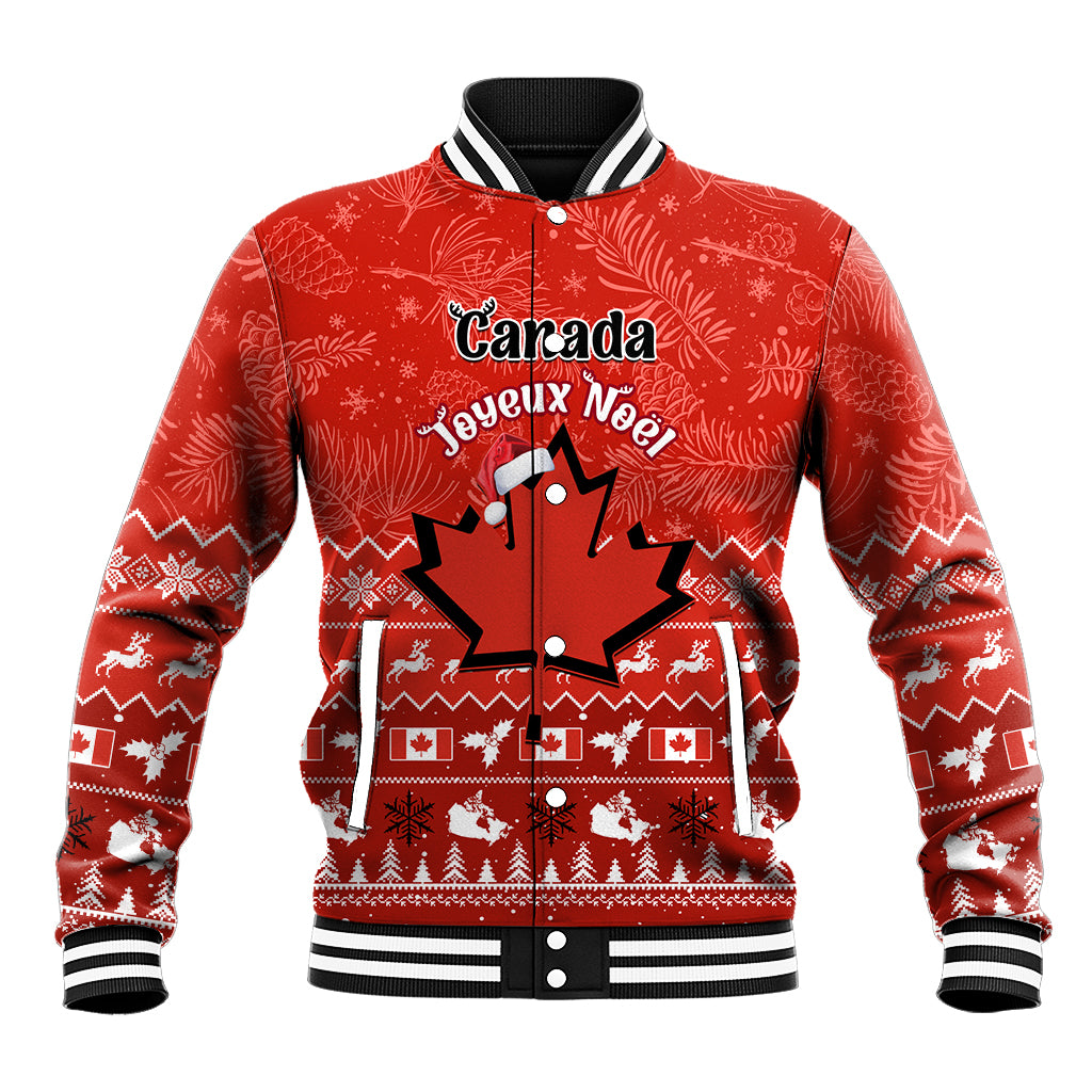 Red Canada-themed baseball jacket with striped collar, cuffs, and maple leaf front graphic