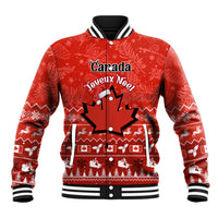 Red Canada-themed baseball jacket with striped collar, cuffs, and maple leaf front graphic