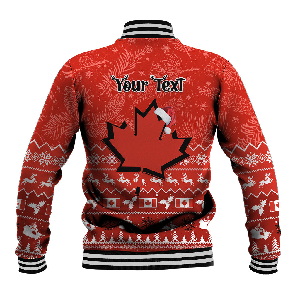 Red baseball jacket with striped collar and back maple leaf graphic with 'Your Text'