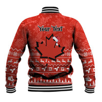 Red baseball jacket with striped collar and back maple leaf graphic with 'Your Text'
