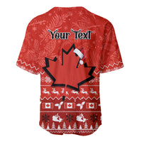 Red holiday baseball jersey back with maple leaf graphic and customizable text