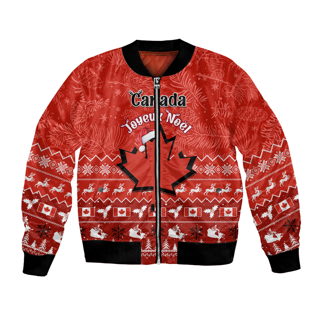 Red Christmas bomber jacket with Canada maple-leaf and Santa zip-front