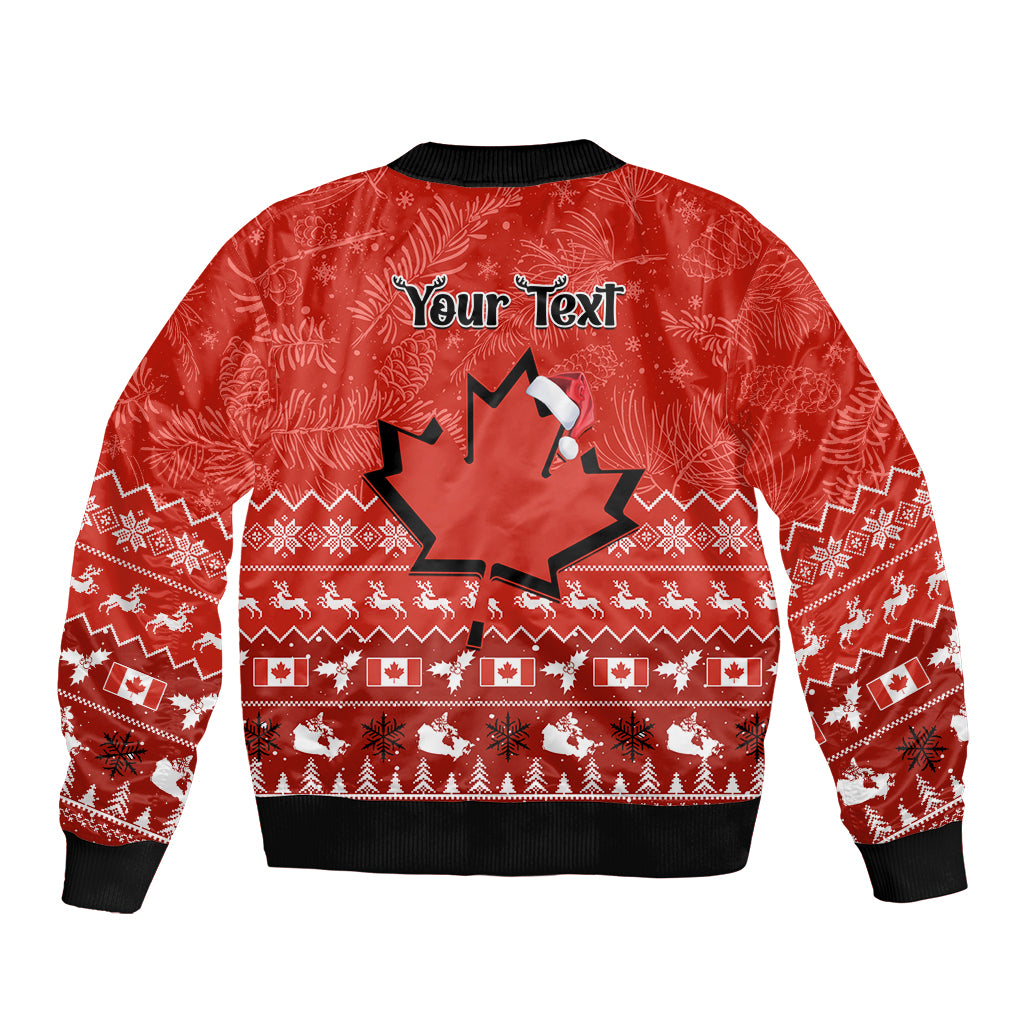 Red Christmas bomber jacket with custom text and maple-leaf star graphic, zip-front