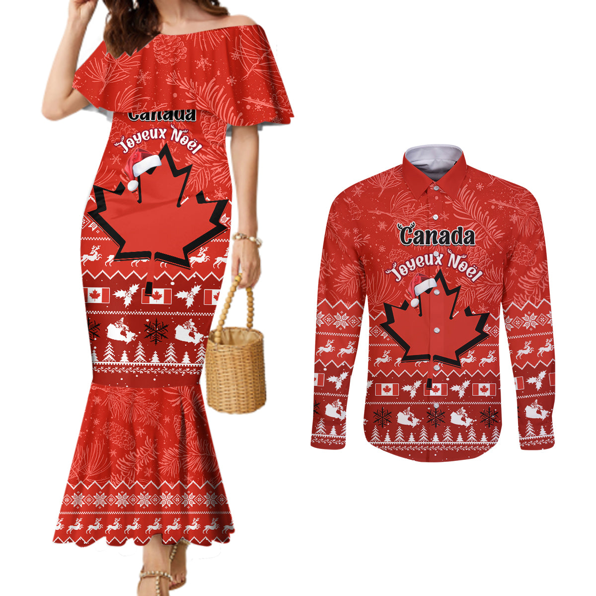 personalised-canada-christmas-couples-matching-mermaid-dress-and-long-sleeve-button-shirt-maple-leaf-santa-with-map-merry-xmas