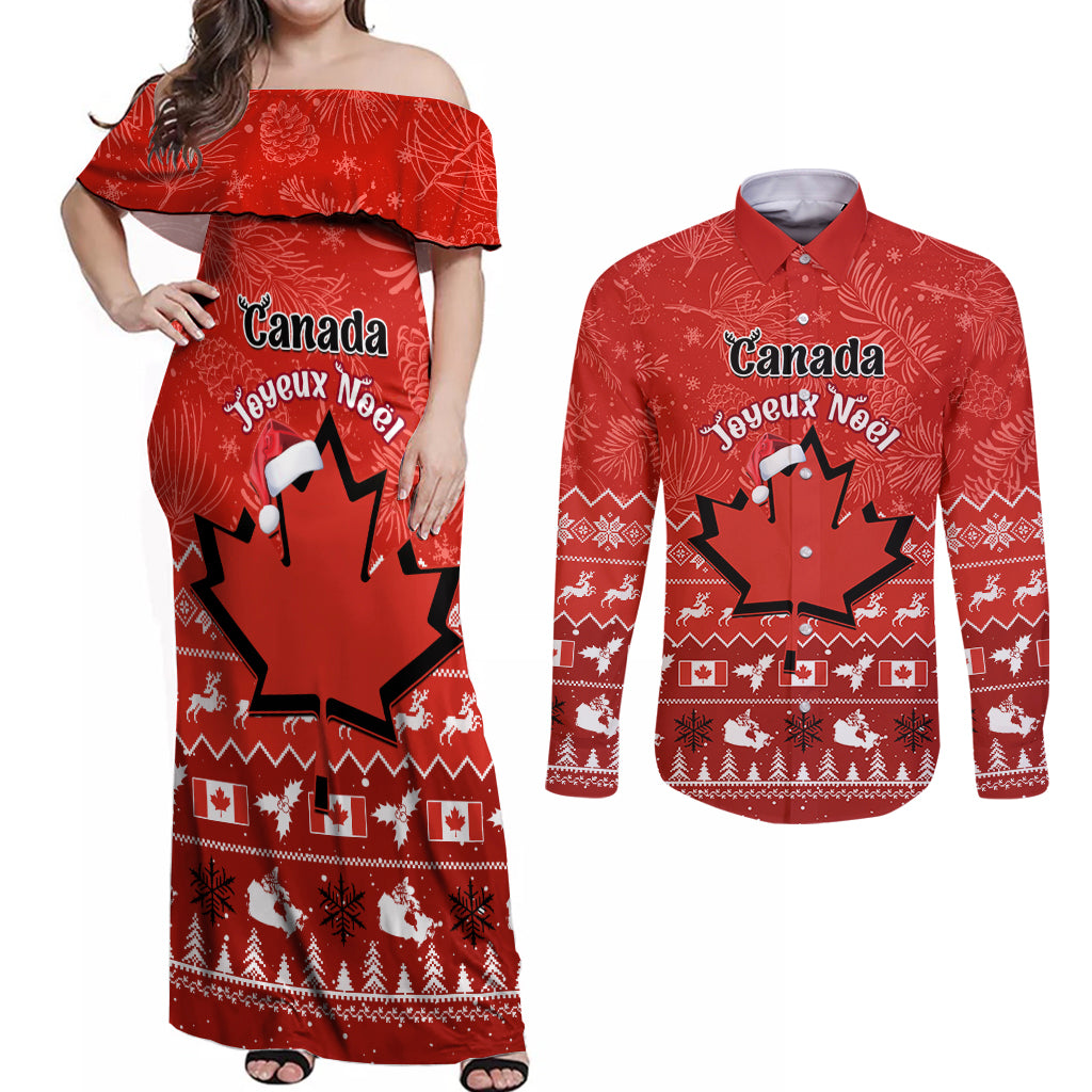 Personalised Canada Christmas Couples Matching Off Shoulder Maxi Dress and Long Sleeve Button Shirt Maple Leaf Santa With Map Merry Xmas - Wonder Print Shop