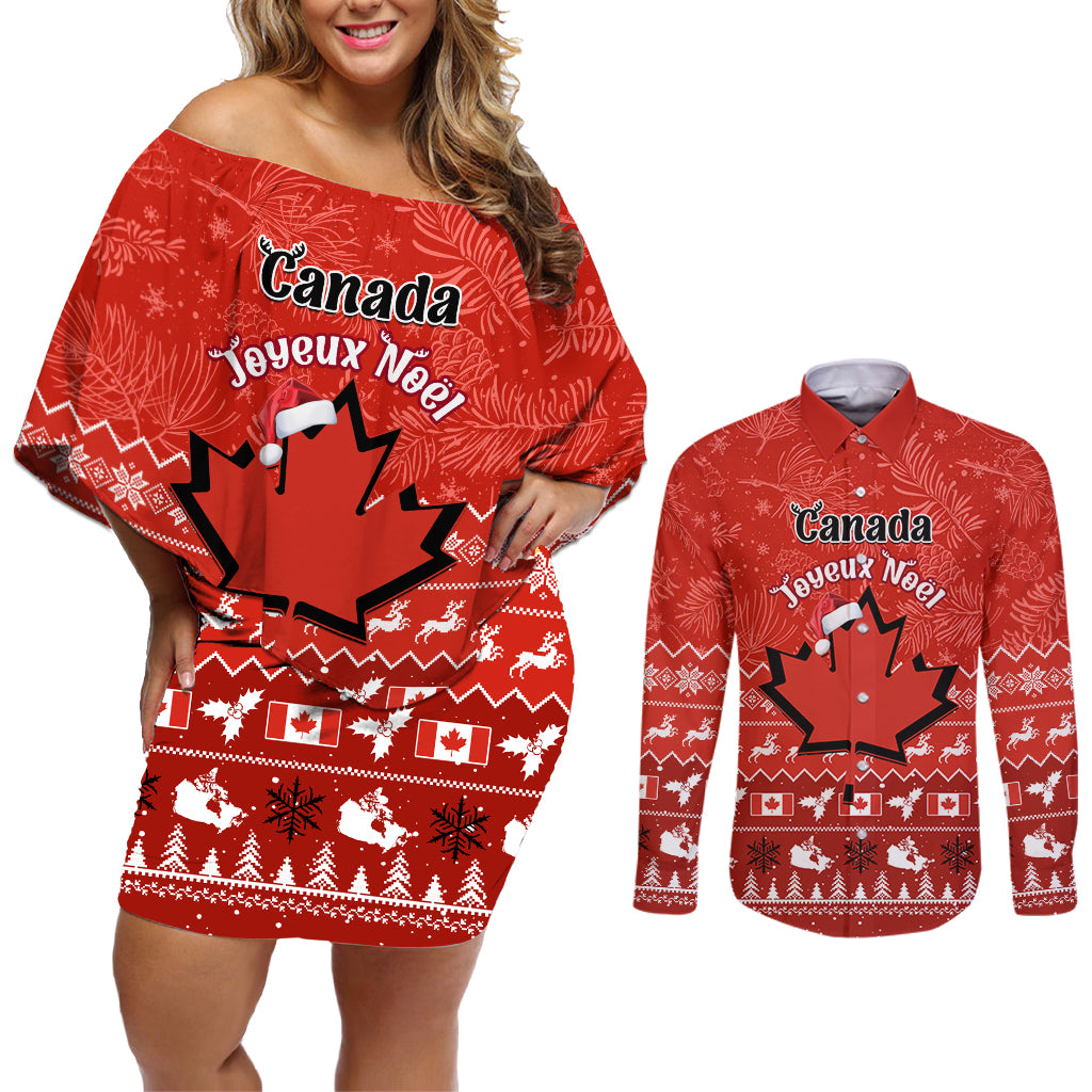 Personalised Canada Christmas Couples Matching Off Shoulder Short Dress and Long Sleeve Button Shirt Maple Leaf Santa With Map Merry Xmas - Wonder Print Shop