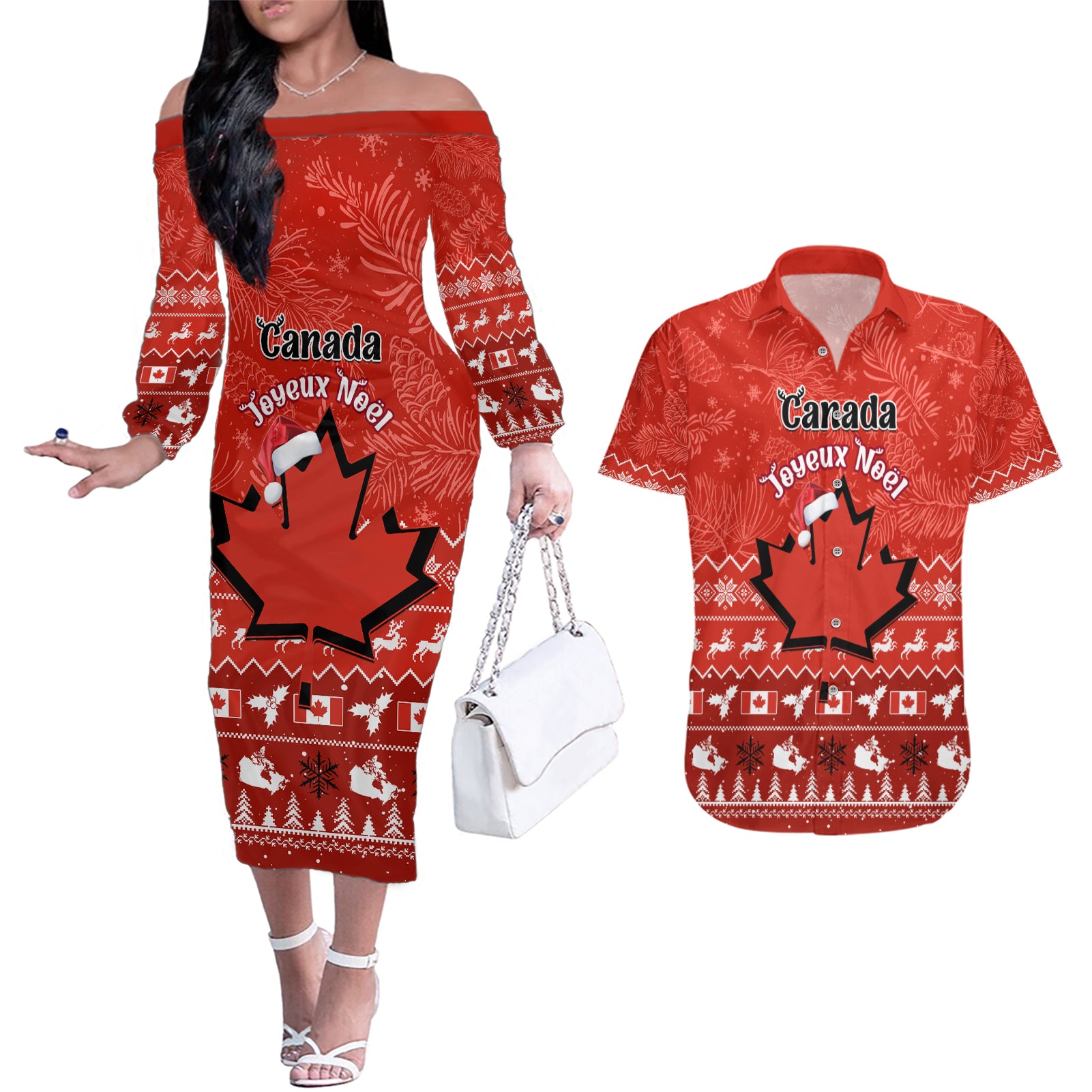 Personalised Canada Christmas Couples Matching Off The Shoulder Long Sleeve Dress and Hawaiian Shirt Maple Leaf Santa With Map Merry Xmas - Wonder Print Shop