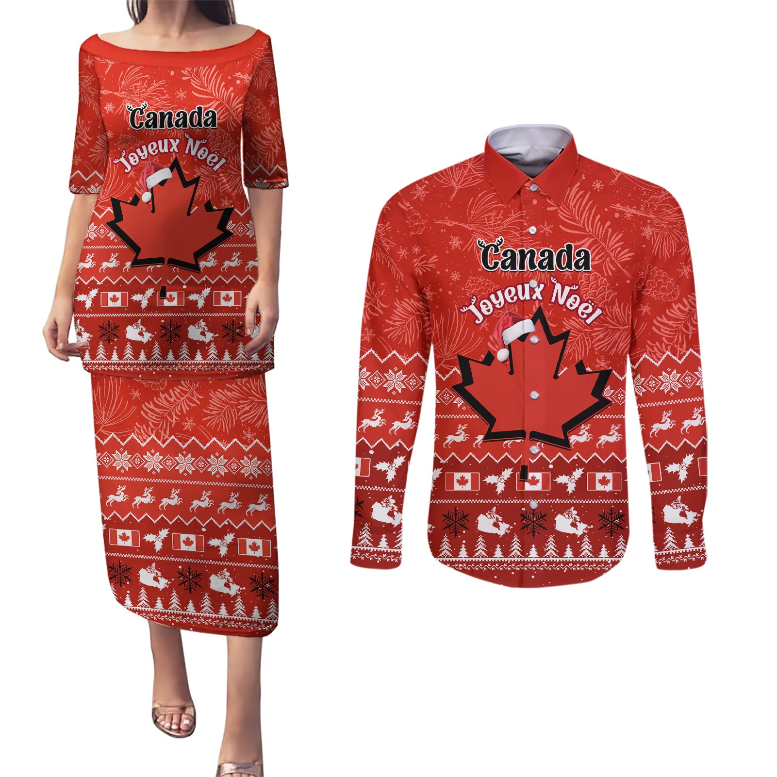 Personalised Canada Christmas Couples Matching Puletasi Dress and Long Sleeve Button Shirt Maple Leaf Santa With Map Merry Xmas - Wonder Print Shop