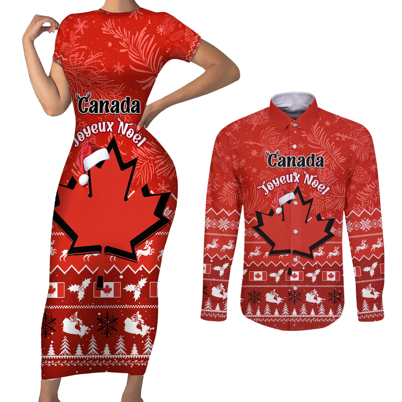 Personalised Canada Christmas Couples Matching Short Sleeve Bodycon Dress and Long Sleeve Button Shirt Maple Leaf Santa With Map Merry Xmas - Wonder Print Shop