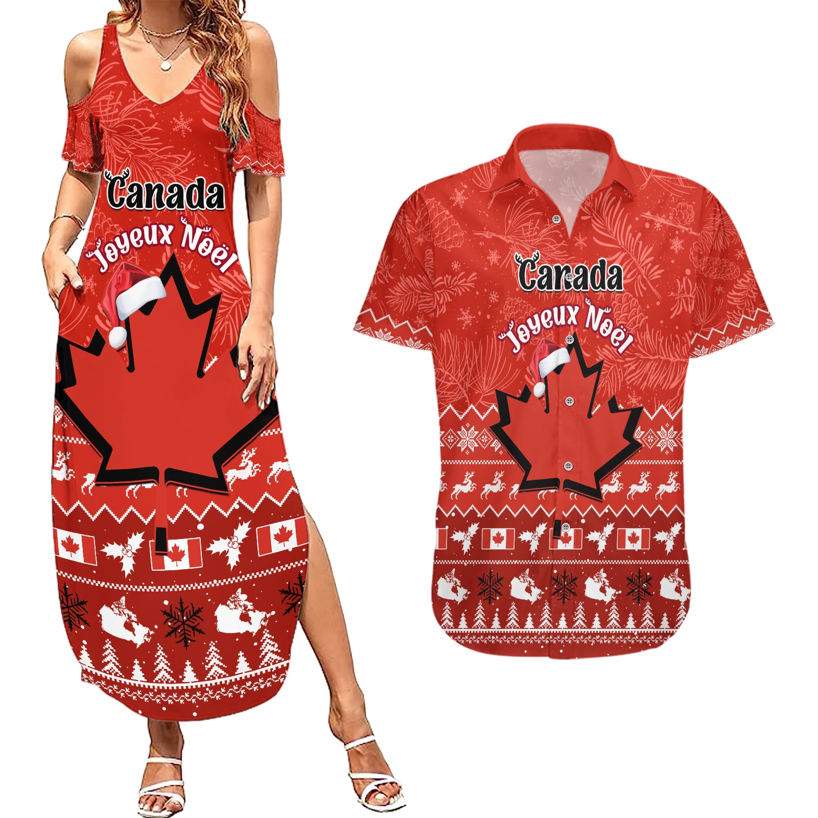 Personalised Canada Christmas Couples Matching Summer Maxi Dress and Hawaiian Shirt Maple Leaf Santa With Map Merry Xmas - Wonder Print Shop