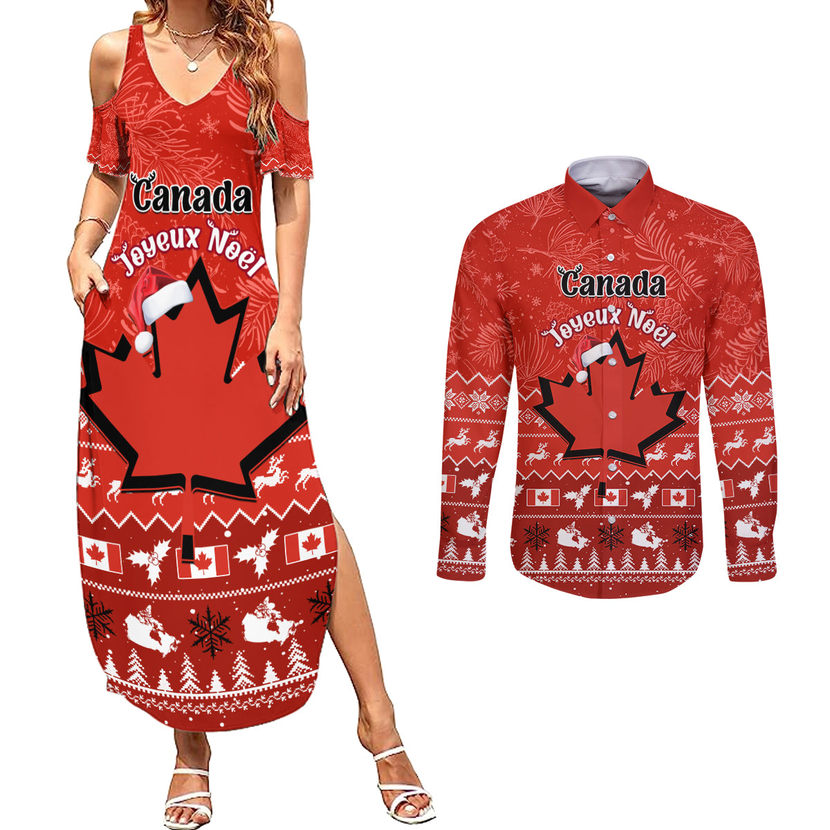 Personalised Canada Christmas Couples Matching Summer Maxi Dress and Long Sleeve Button Shirt Maple Leaf Santa With Map Merry Xmas - Wonder Print Shop